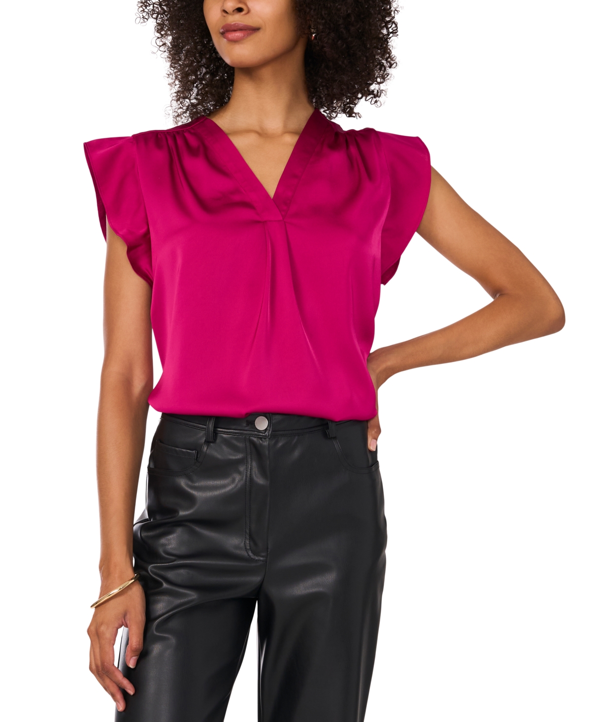 Vince Camuto Women's Satin Flutter-sleeve V-neck Top In Firecly Fuchsia