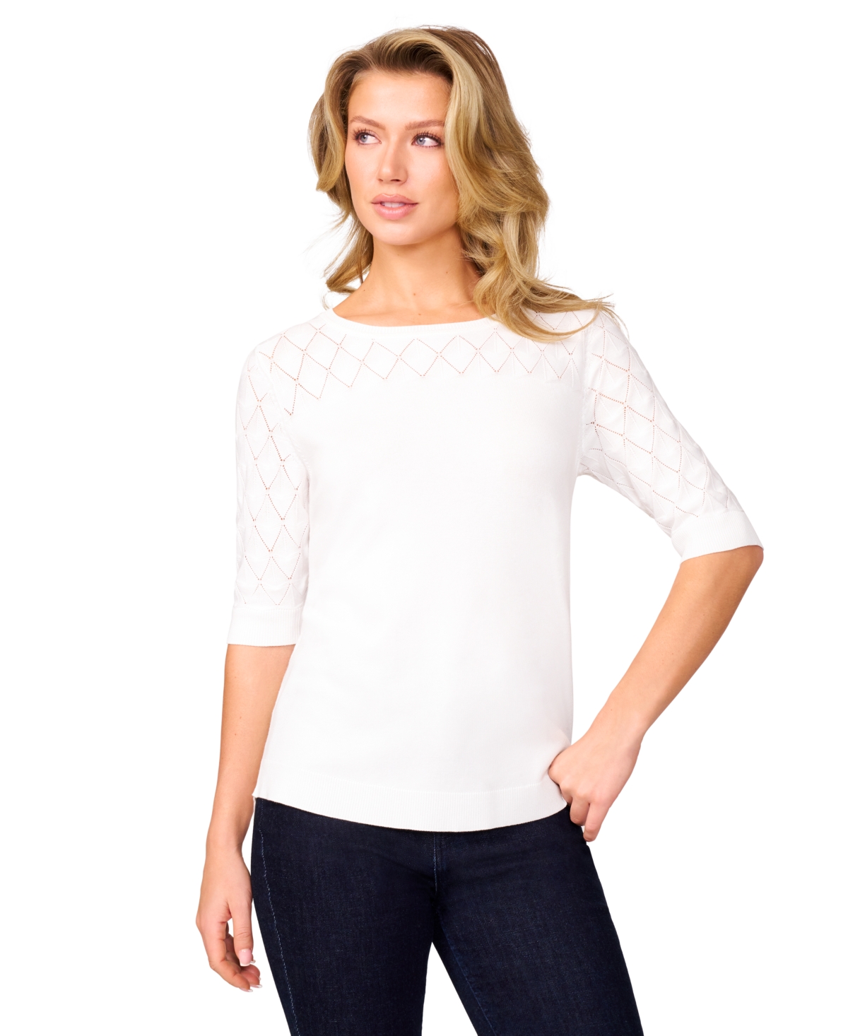 Petite Yoke Wave Stitch Elbow-Sleeve Sweater - Snow White
