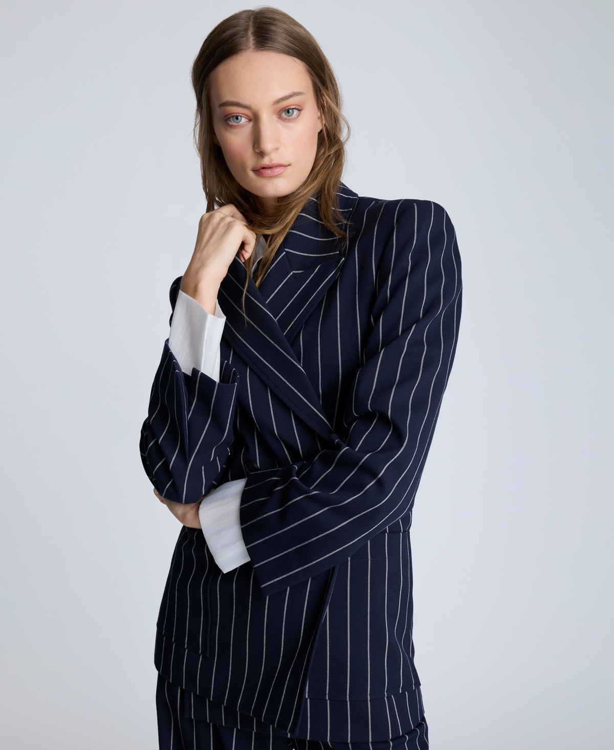 Kenneth Cole Women's Pinstriped Double-breasted Jacket In Dark Navy,pure White