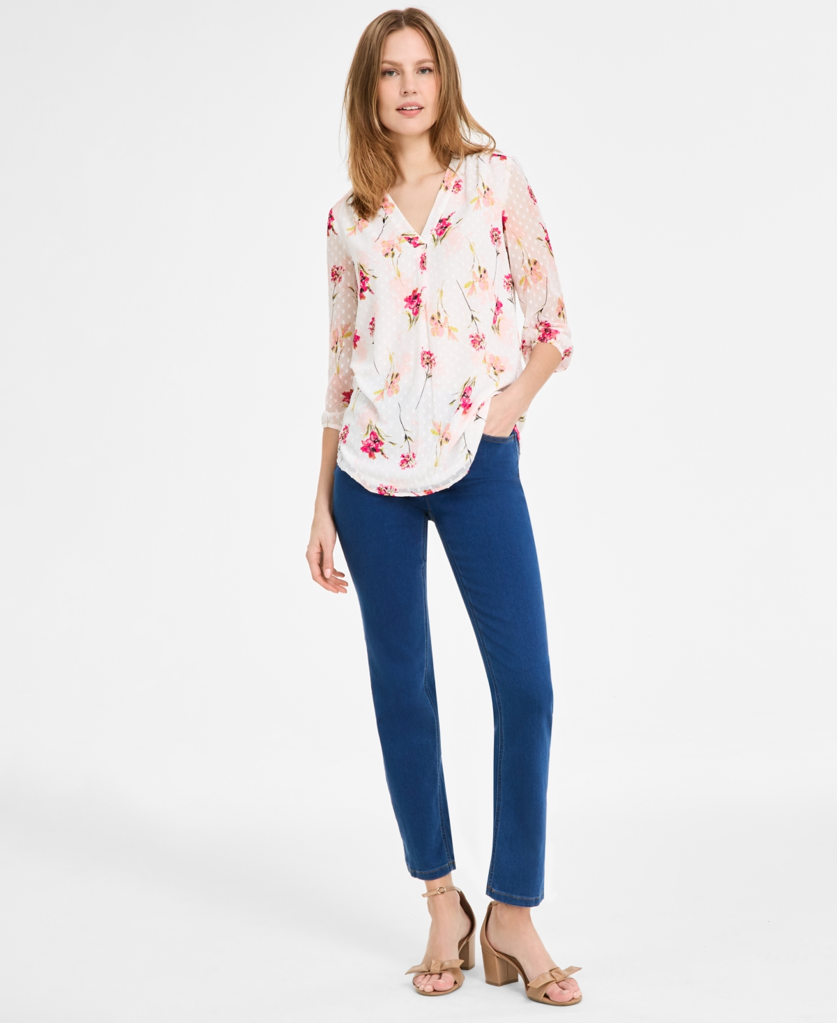 Jones New York Women's Floral-print Chiffon Clip-dot Top In Jones White Multi