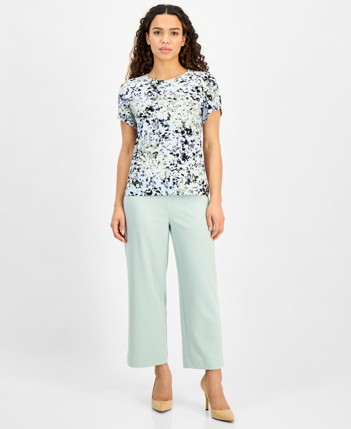 Ak Anne Klein Petite Printed Tulip-sleeve Scoop-neck Top In Skyway Multi