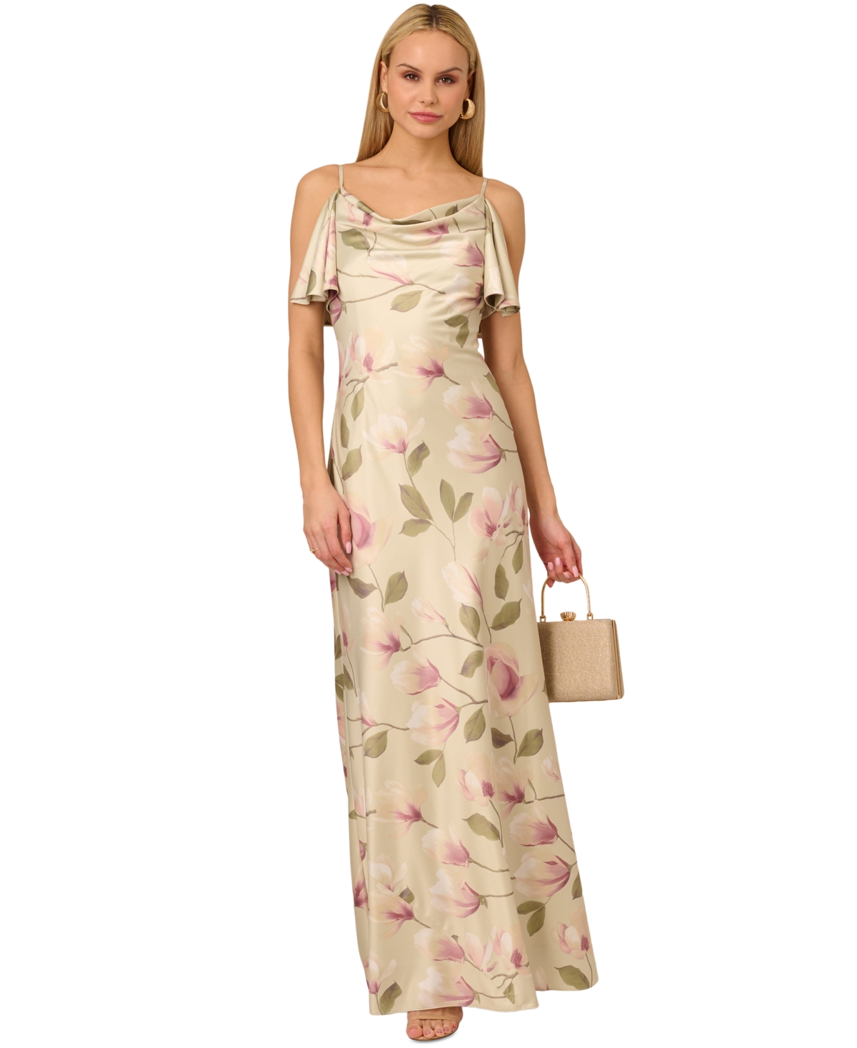 by Adrianna Papell Women's Printed Satin Sleeveless Cowlneck Gown - Green Multi