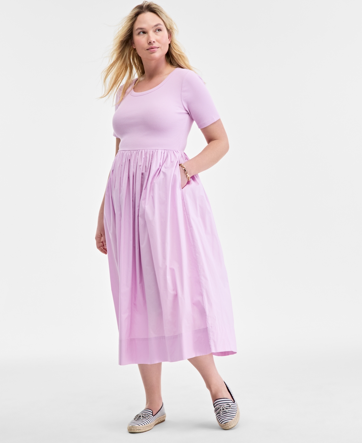 On 34th Trendy Plus Size Scoop-neck Mixed-media Midi Dress, Exclusively At Macy's In Orchid Bouquet