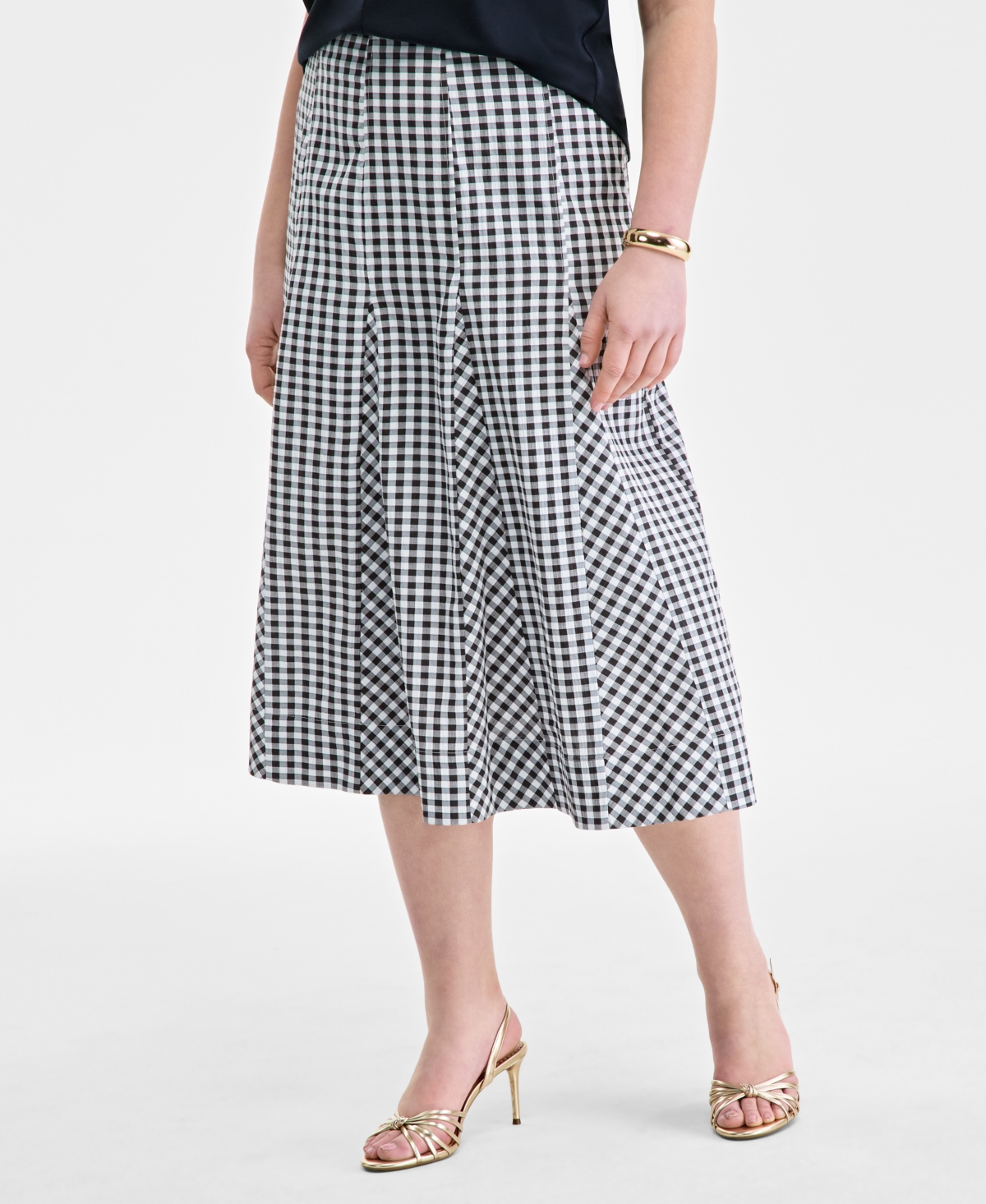 On 34th Trendy Plus Size Gingham Seersucker Midi Skirt, Exclusively At Macy's In Black,white