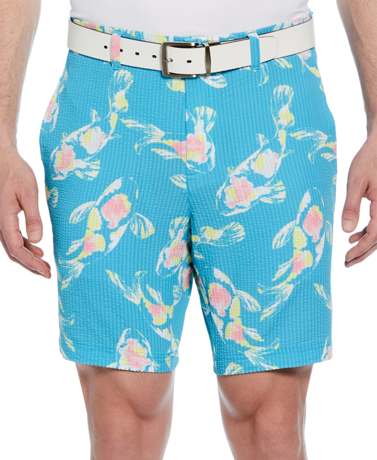 Men's Seersucker Watercolor Koi Fish Print 8" Golf Shorts - Scuba Blue