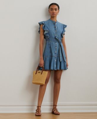 Lauren Ralph Lauren - Women's Belted Denim Flutter-Sleeve Shirtdress
