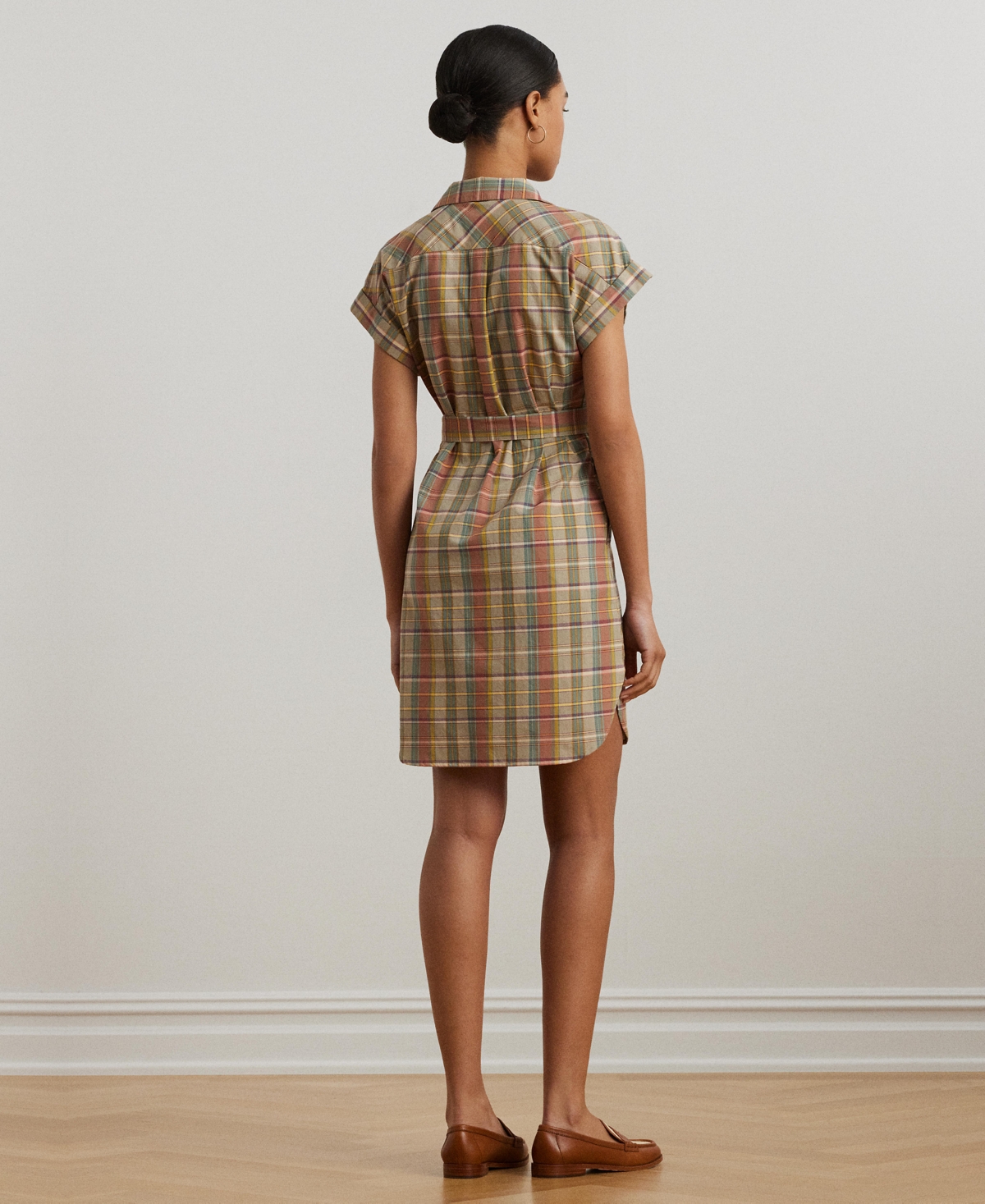 Shop Ralph Lauren Women's Belted Cotton Madras Shirtdress In Green,tan,blue Multi