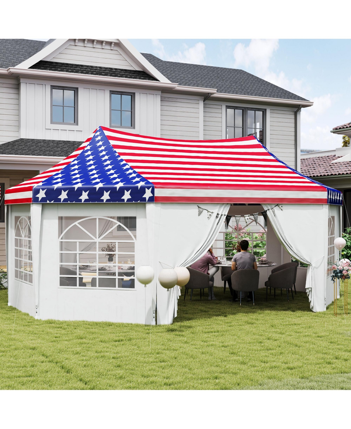 Outsunny 22.3 x 16.4ft Party Tent Wedding Tent w/ 6 Windows, American Flag