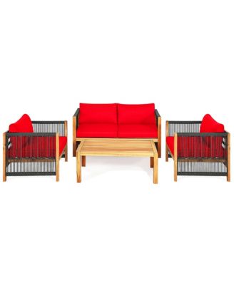 8 PCS Acacia Wood Patio Conversation Set w/Cushions for Garden