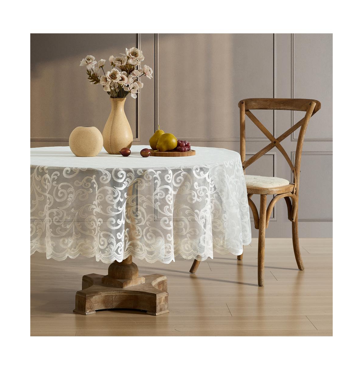 Scroll Lace Fabric Tablecloth, Lace Fabric Table Cloth for Round Tables, Wrinkle Resistant Tablecloth, Patterned Scalloped Tablecloth (70 Round