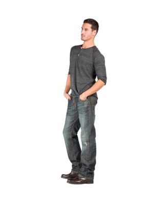 Men's Relaxed Straight Leg Dark Vintage Hand Rub Premium Denim Jeans Zipper Trim Pocket
