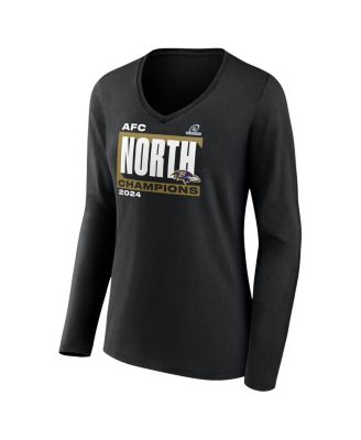 Women's Black Baltimore Ravens 2024 AFC North Division Champions Conquer Long Sleeve V-Neck T-Shirt