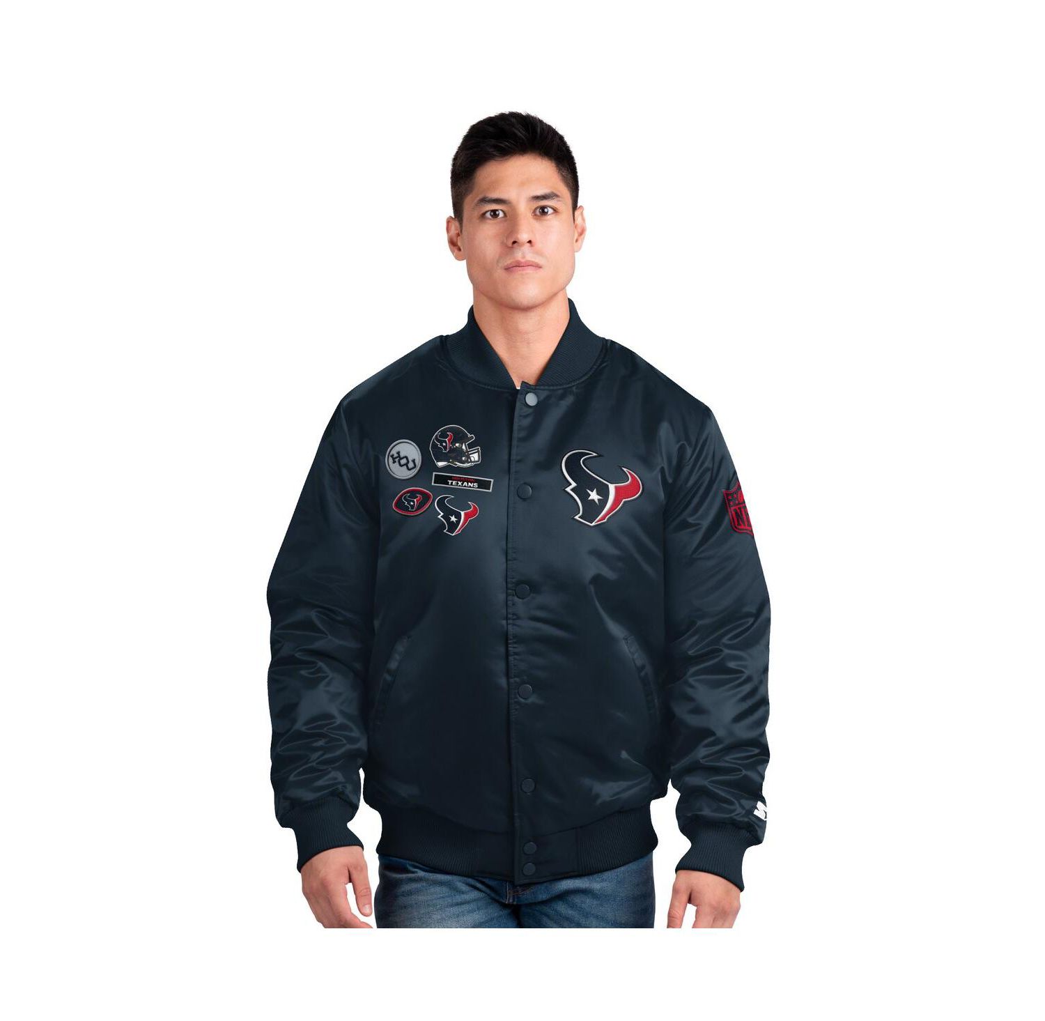 Men's Navy Houston Texans Exclusive Satin Full-Snap Varsity Jacket