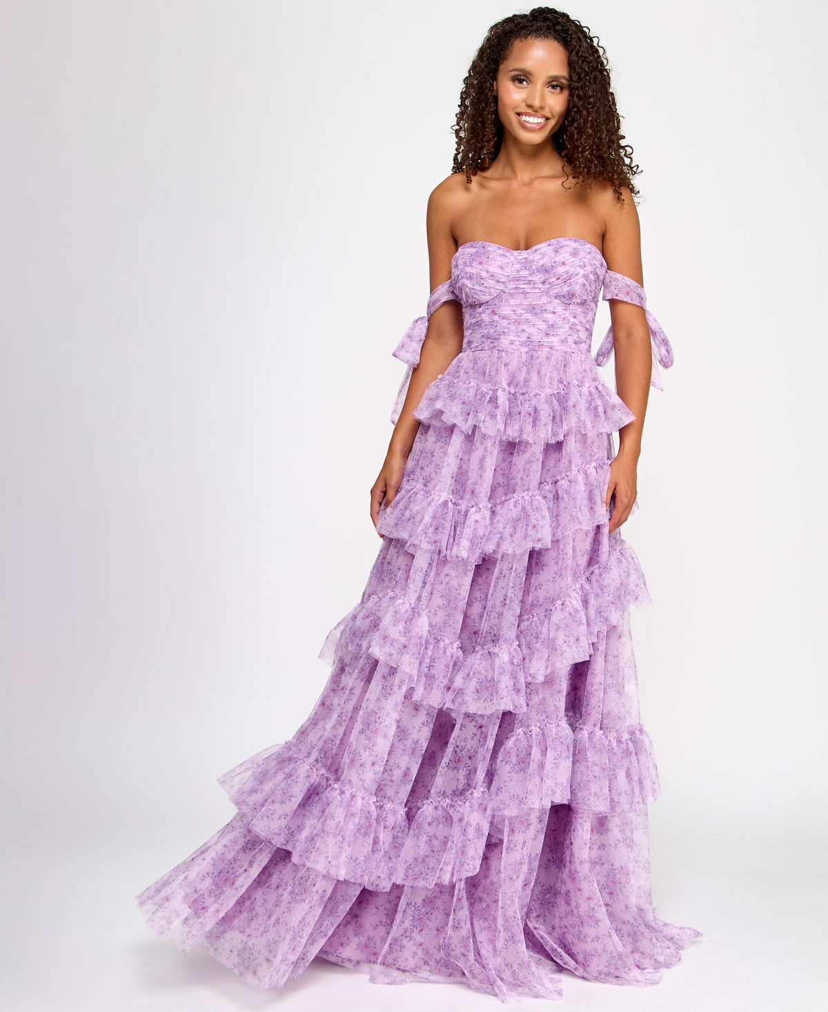 Juniors' Floral-Print Tiered Off-The-Shoulder Ball Gown, Created for Macy's - Lavender Berry