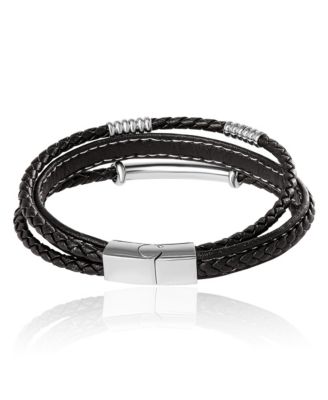 Stainless Steel Triple Row Black Cord Bracelet - 8.25"