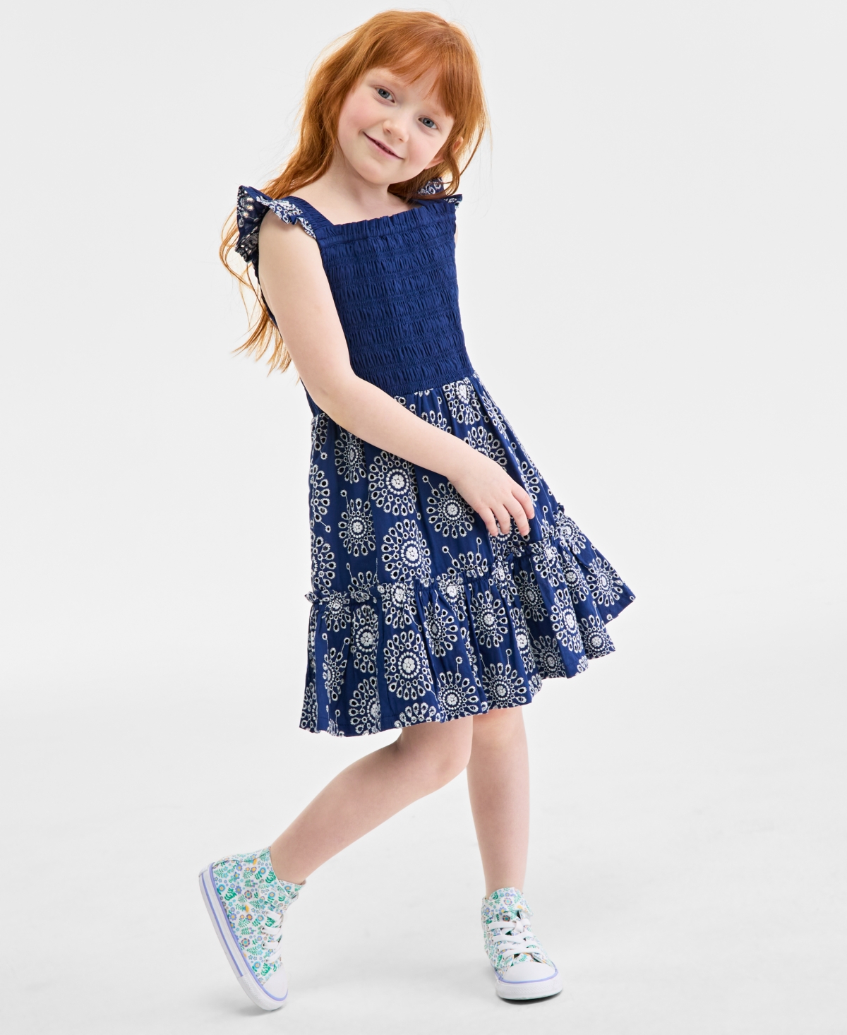 On 34th Toddler Girls Mommy & Me Cotton Eyelet Smocked Flutter-sleeve Dress, Exclusively At Macy's In Blazing Navy
