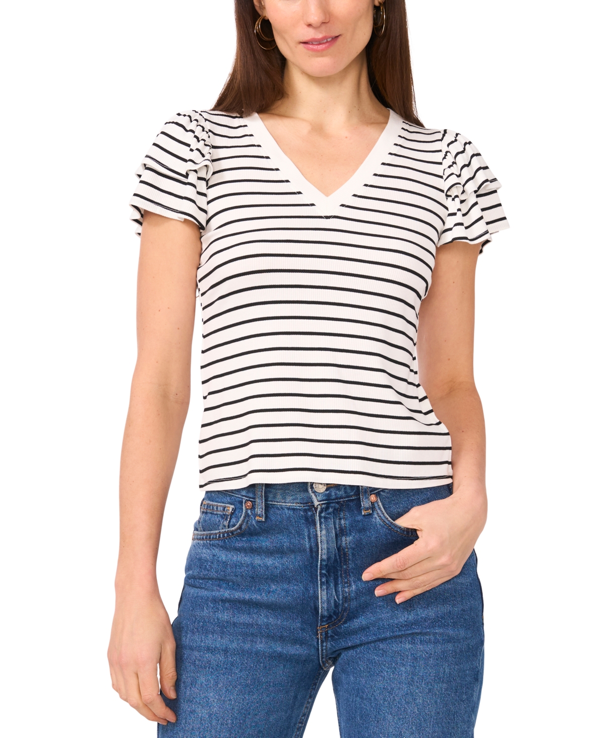 Sam & Jess Petite Ribbed Flutter-sleeve Striped Top In New Ivory Stipe