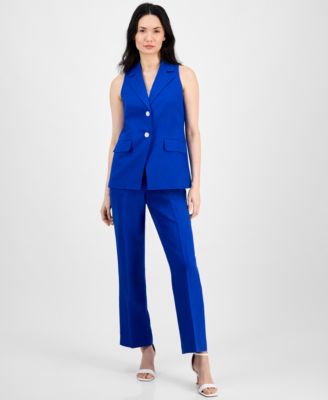 Anne Klein Womens Sleeveless Notched Collar Blazer High Rise Side Tab Pull On Pants In Santorini Blue