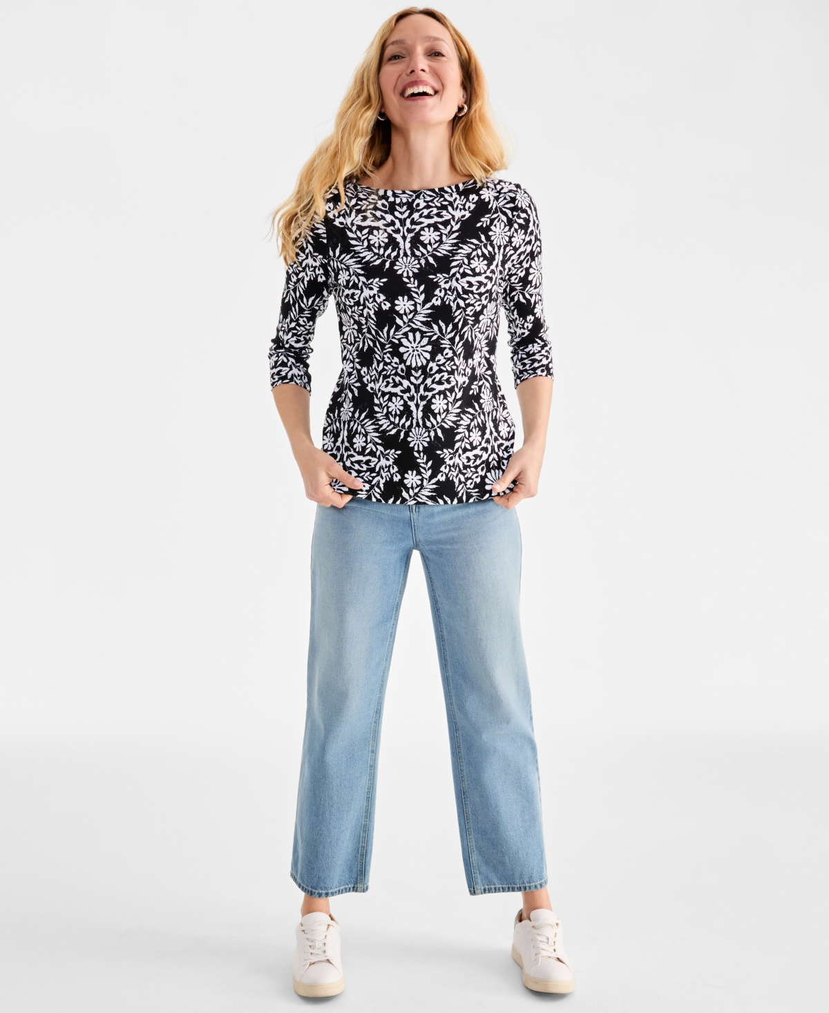 Style & Co Women's Printed Pima Cotton 3/4-sleeve Top, Exclusively At Macy's In Floral Black