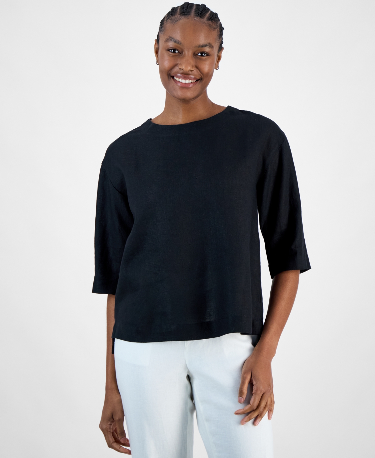 Women's 3/4-Sleeve 100% Linen Top, Exclusively at Macy's - Deep Black