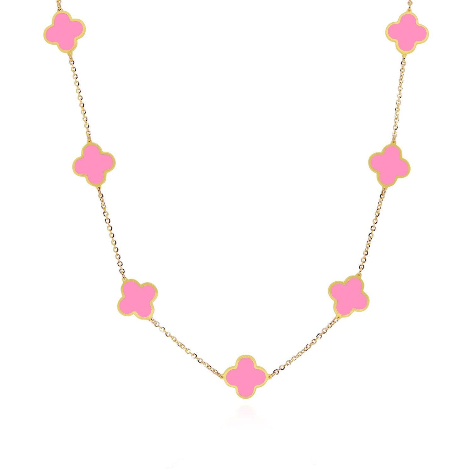 Small Bubblegum Pink Clover Necklace 14K Gold