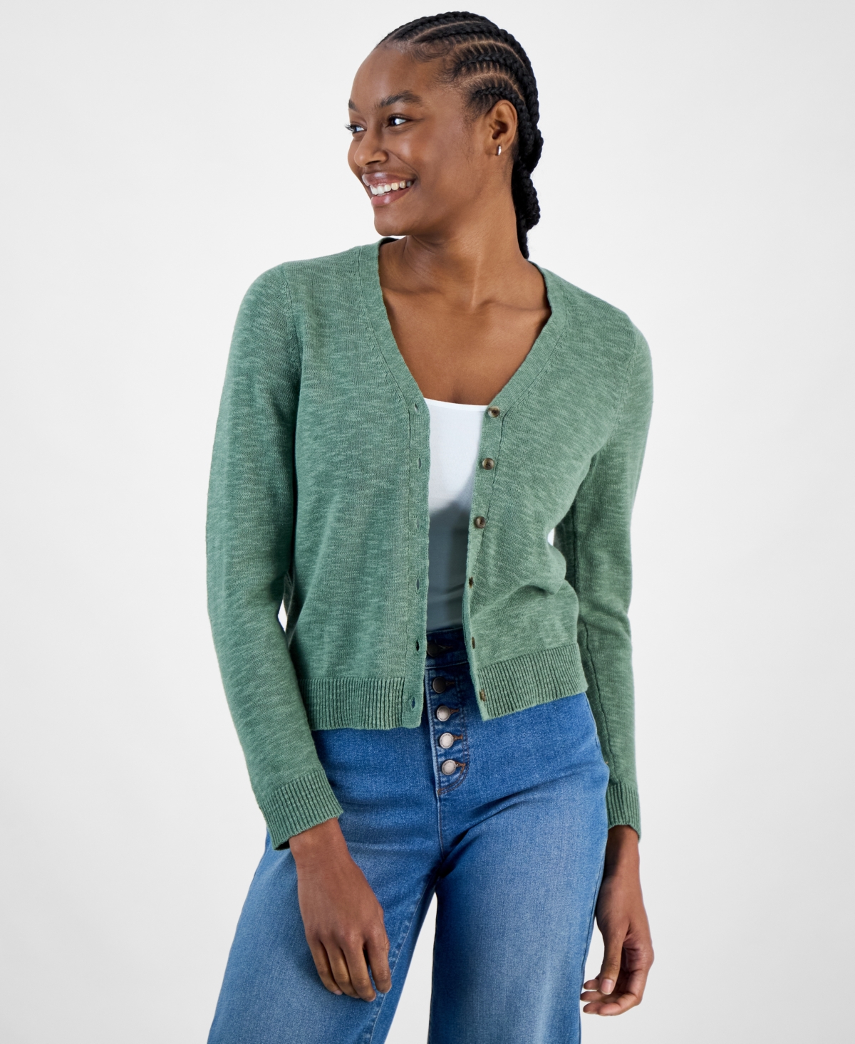 CHARTER CLUB WOMEN'S V-NECK BUTTON-FRONT LINEN-BLEND CARDIGAN, EXCLUSIVELY AT MACY'S 