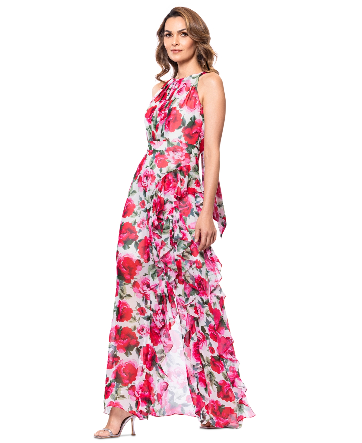 BETSY & ADAM BETSY & ADAM PETITE FLORAL-PRINT RUFFLED GOWN 