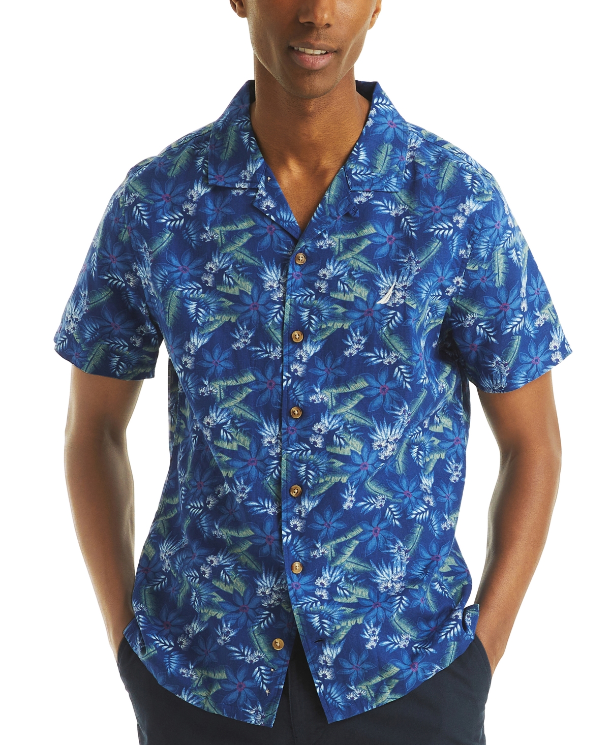 Men's Short Sleeve Button-Front Tropical Leaf Print Camp Shirt - Riviera Blue