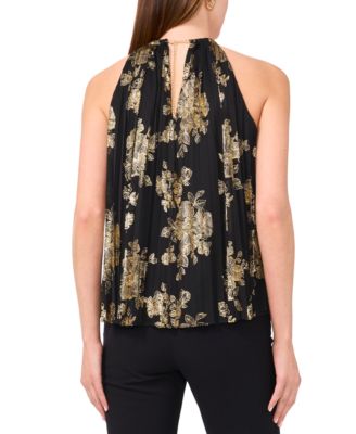 Women's Metallic Floral-Print Pleated Top