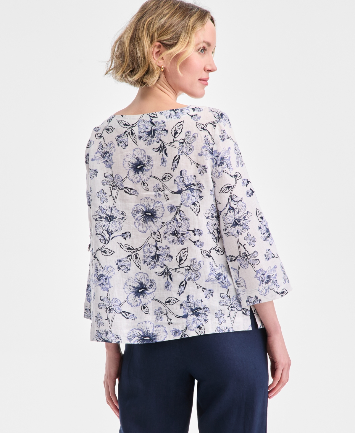 CHARTER CLUB PETITE 100% LINEN PRINTED BOAT-NECK TOP, EXCLUSIVELY AT MACY'S 