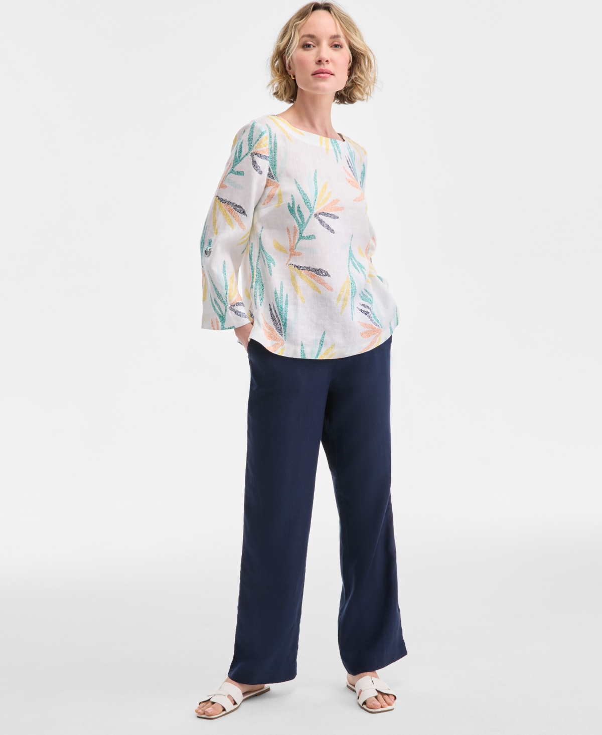 CHARTER CLUB PETITE 100% LINEN PRINTED BOAT-NECK 3/4-SLEEVE BLOUSE, EXCLUSIVELY AT MACY'S 