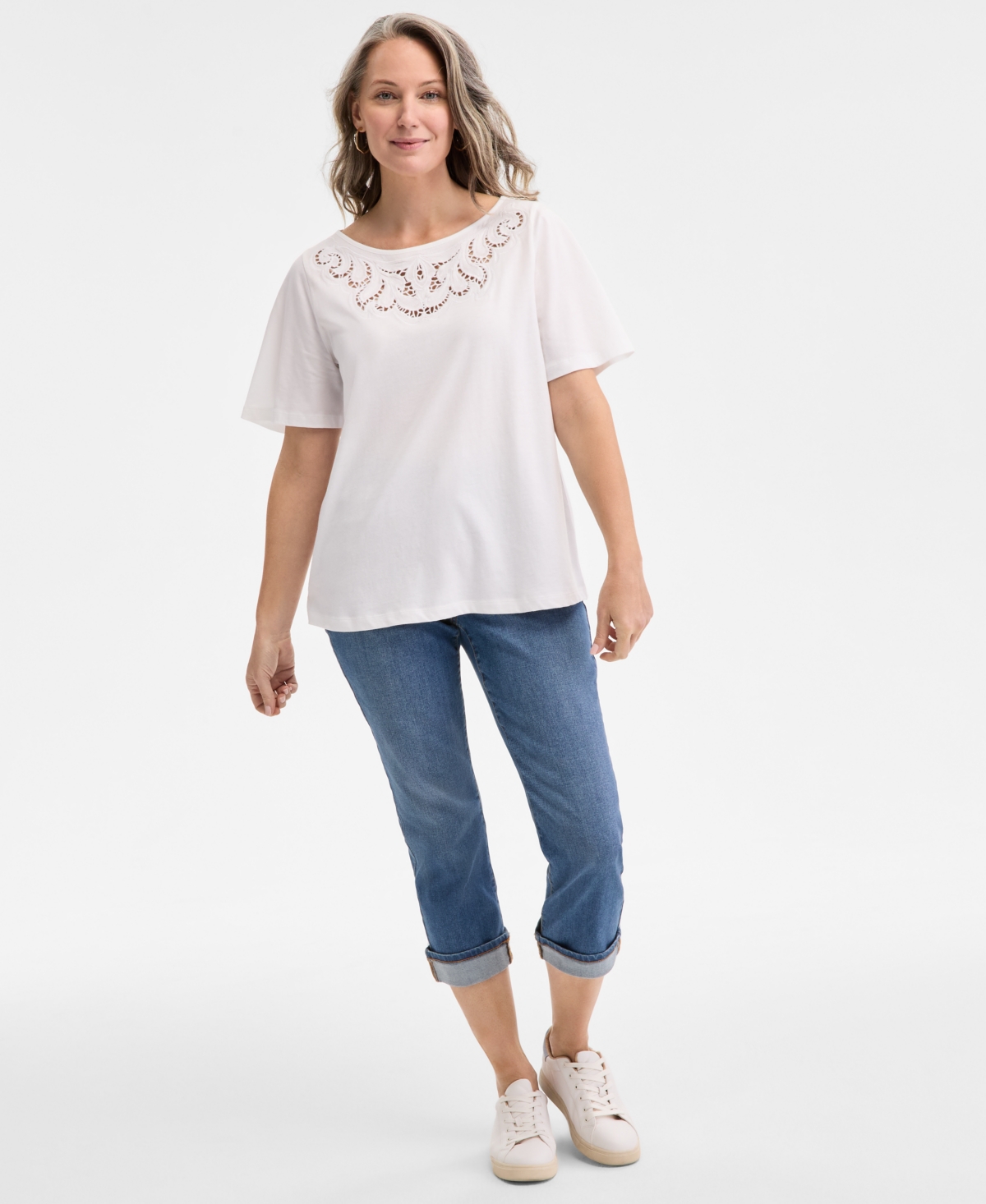 Style & Co Petite Crochet-trimmed Short-sleeve Knit Top, Exclusively At Macy's In Bright White