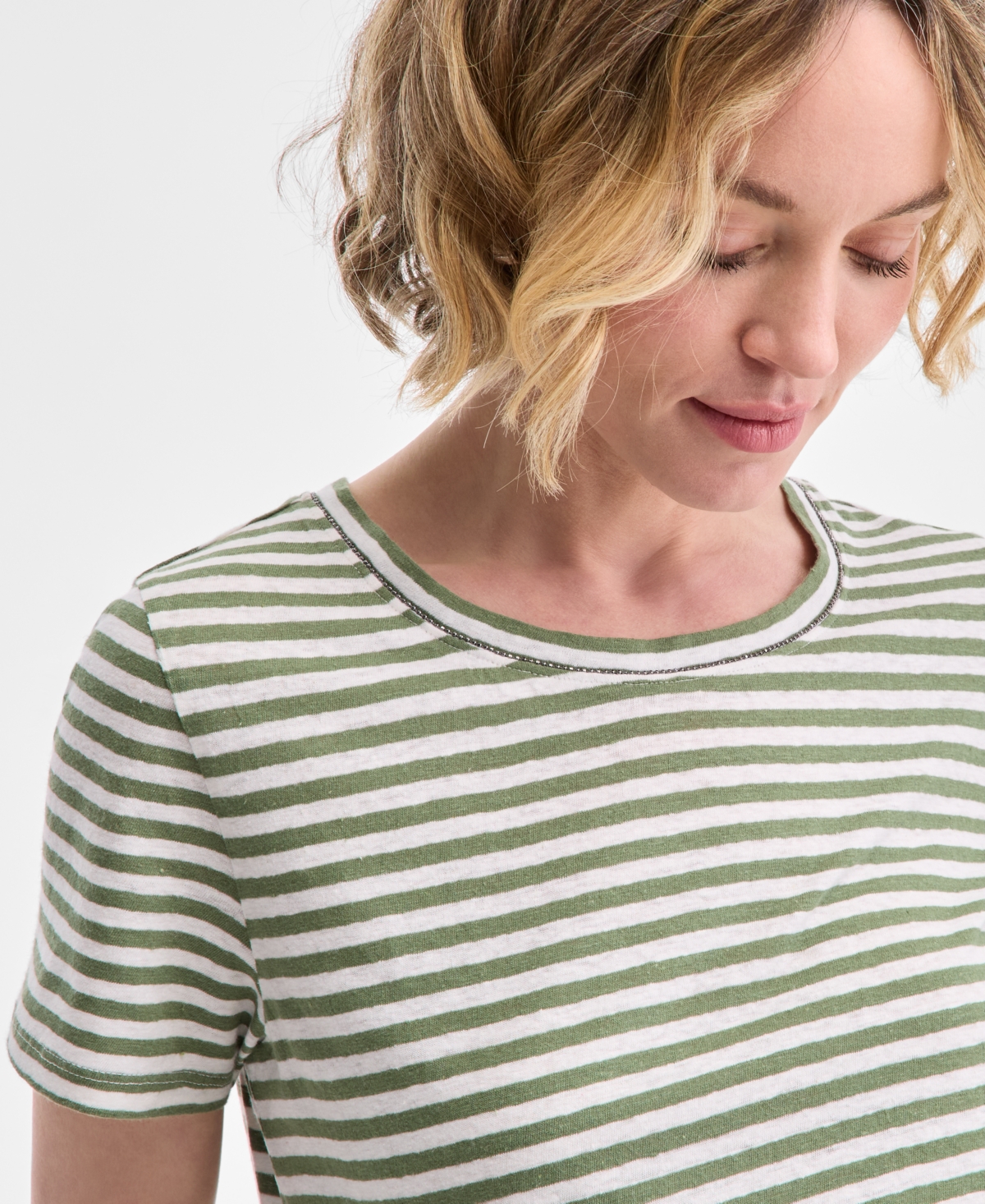 CHARTER CLUB WOMEN'S STRIPED CREWNECK SHORT-SLEEVE LINEN-BLEND TOP, EXCLUSIVELY AT MACY'S 