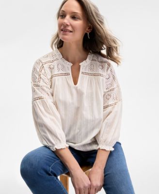Style & Co - Women's Cotton Embroidered 3/4-Sleeve Top