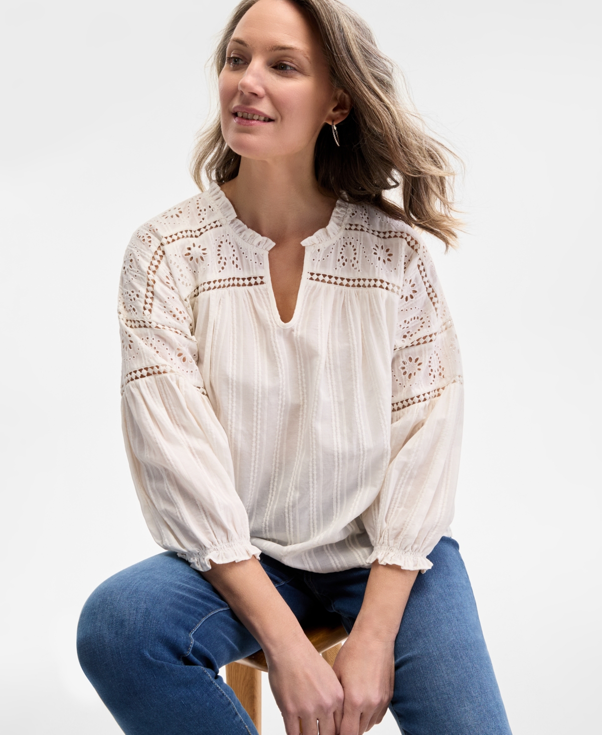 Style & Co Women's Cotton Embroidered 3/4-sleeve Top, Exclusively At Macy's In Embellished Shiitake