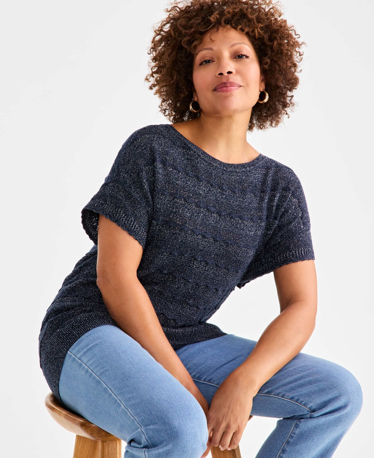 Style & Co Women's Metallic Pointelle Dolman-sleeve Sweater, Exclusively At Macy's In Lurex Blue