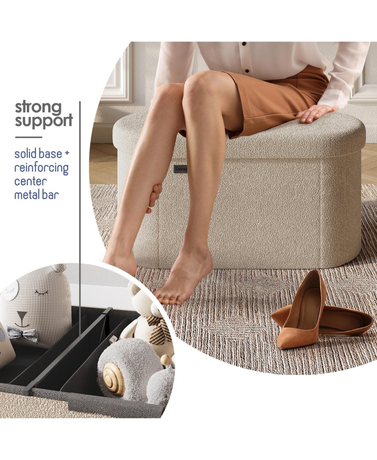 Ovel Boucle Ottoman Storage Bench-Modern Foot Stool