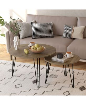 27.56'' Round Nesting Coffee Table Set of 2, Circular Nesting End Table Set, Round Wooden Tabletop, and Sturdy Metal Base, Brown