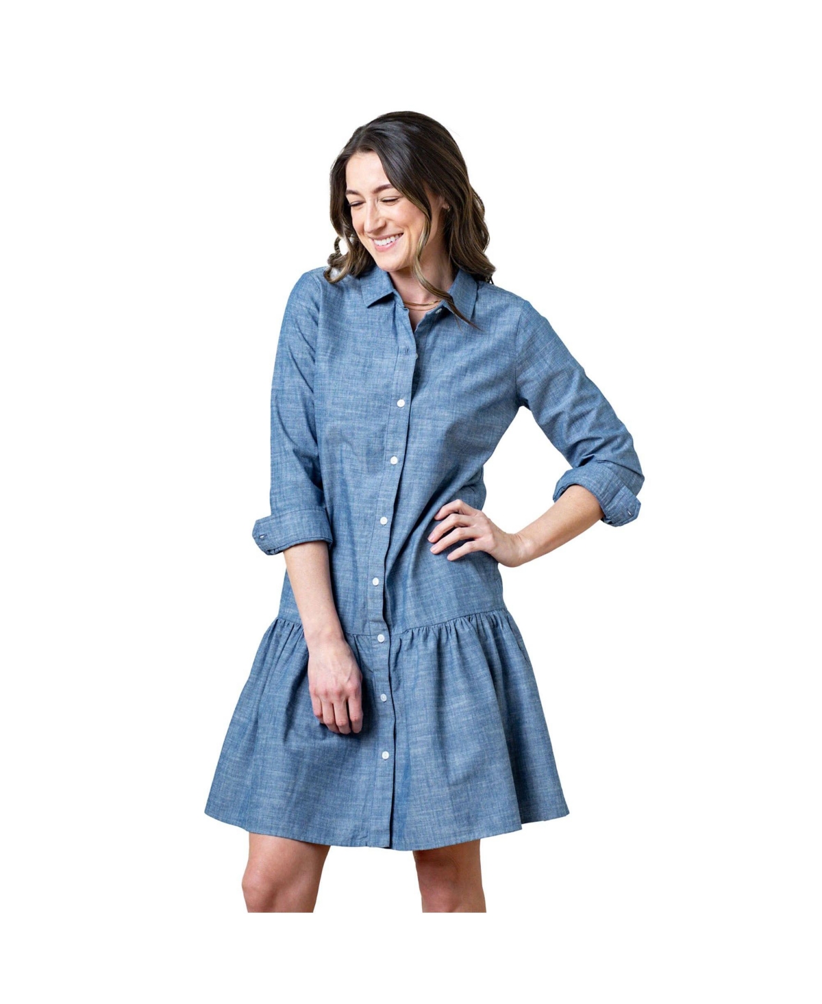 Women's Organic Chambray Long Sleeve Drop Waist Shirt Dress - Blue chambray
