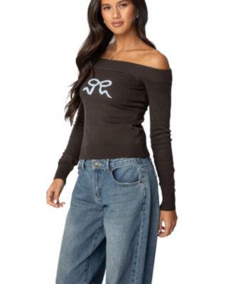 Womens Tj Off Shoulder Knit Bow Top