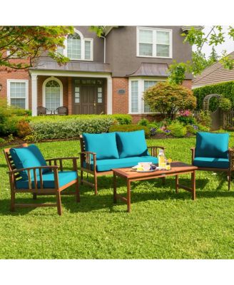 8PCS Wooden Patio Furniture Set Table Sofa Chair Cushioned Garden
