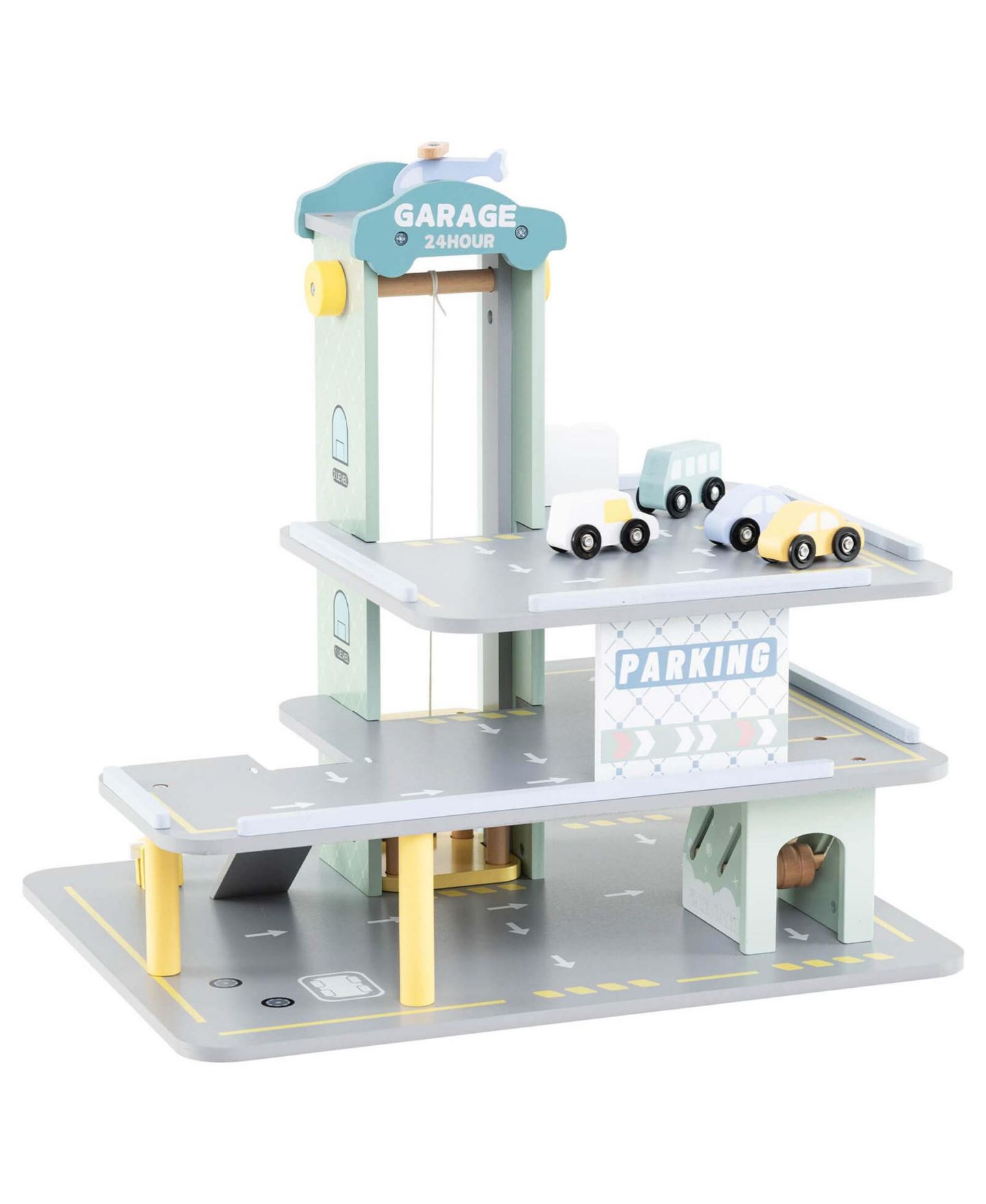 Детский игровой набор Costway 3-Tier Wooden Garage Playset with Working Elevator Helipad Ramp Car, цвет: Серый — фото 10