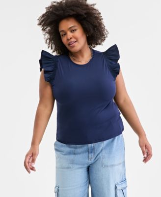 On 34th - Trendy Plus Size Crewneck Flutter-Sleeve Top