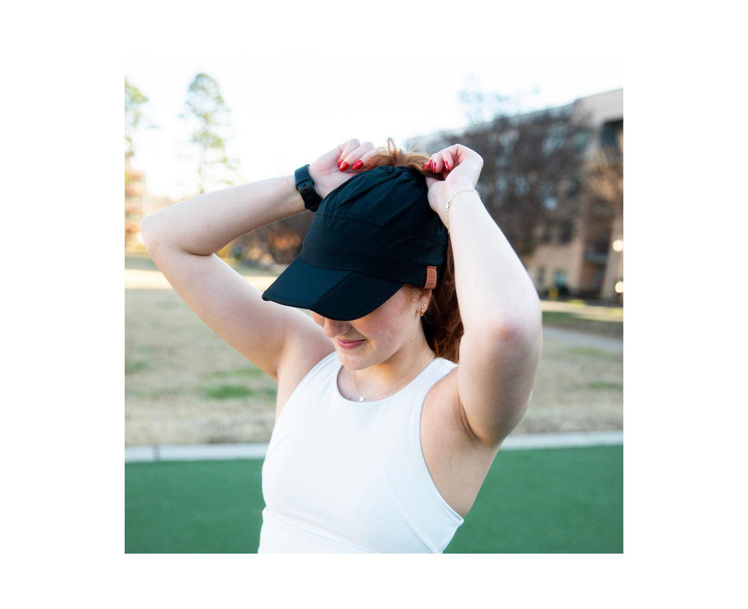 Women's Adjustable High Ponytail Running Hat - Black