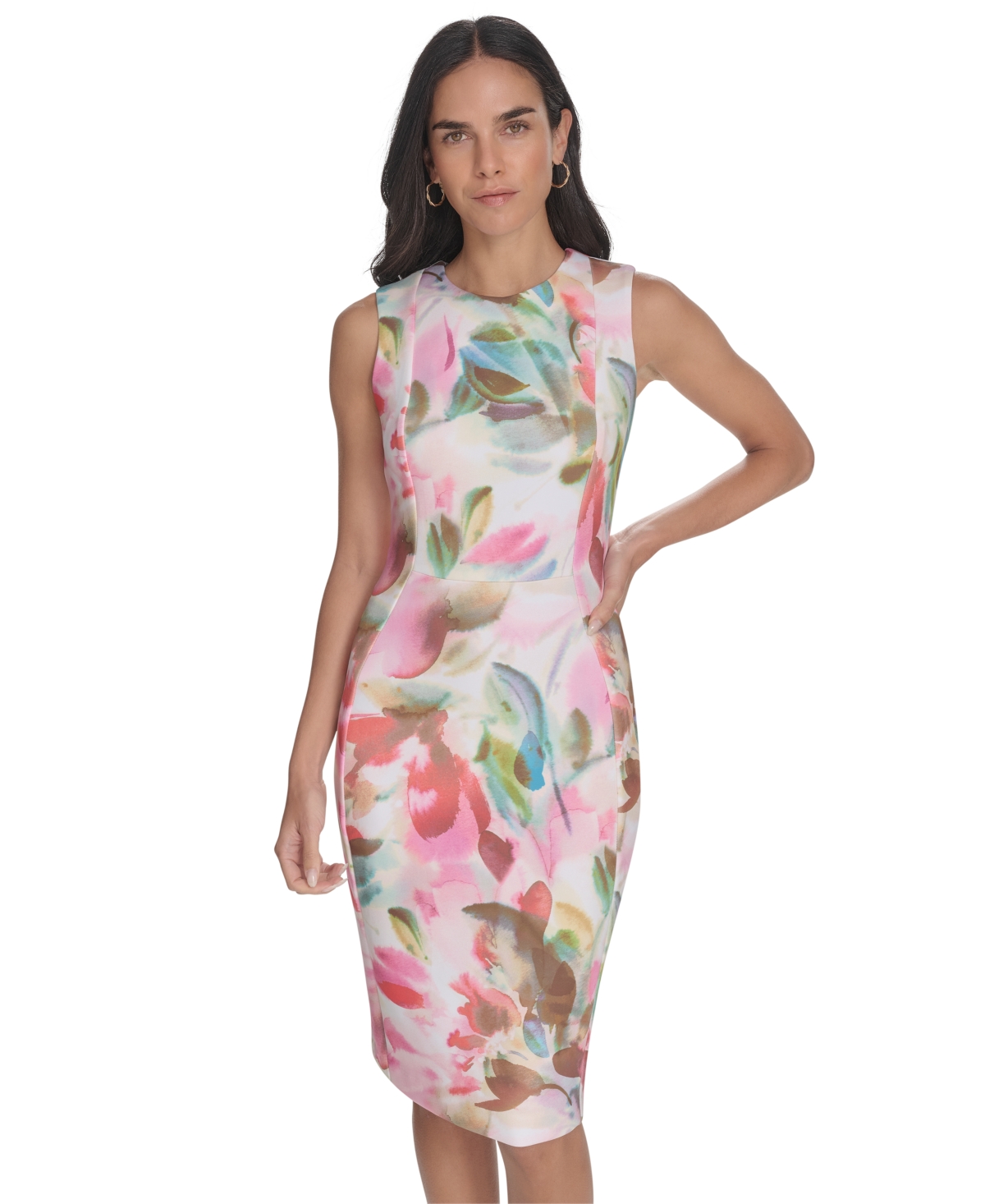 CALVIN KLEIN WOMEN'S PRINTED SLEEVELESS SCUBA SHEATH DRESS 