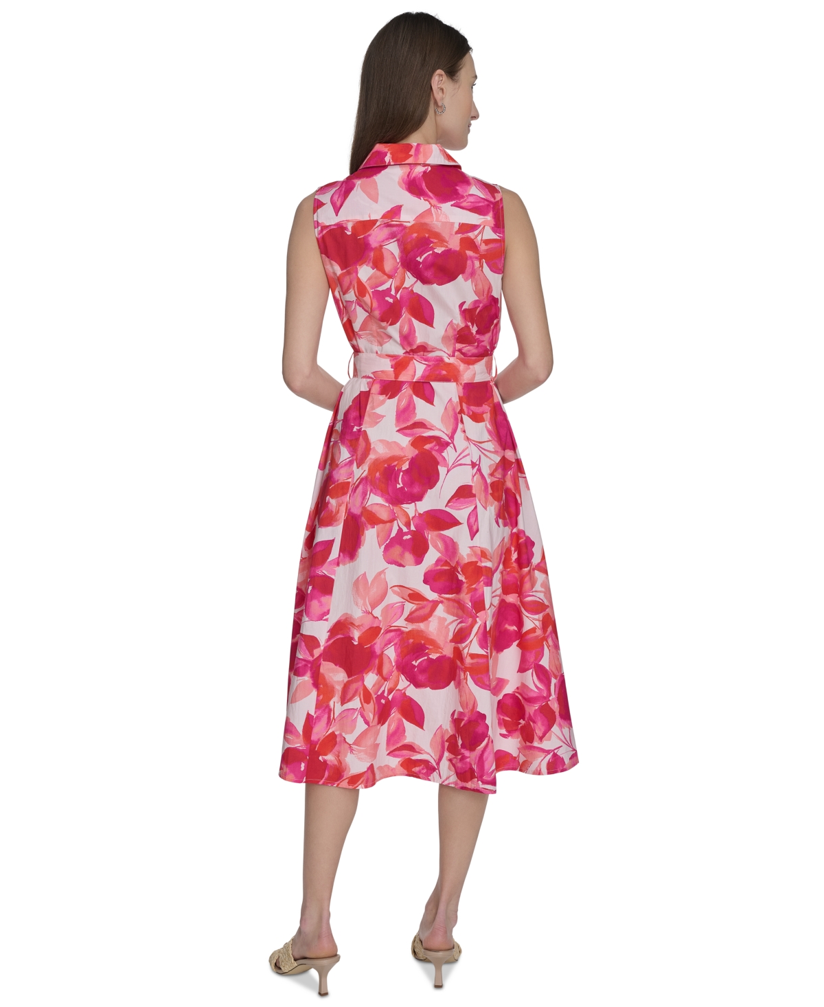 Shop Calvin Klein Women's Printed Cotton Tie-waist Shirtdress In Hibiscus Multi