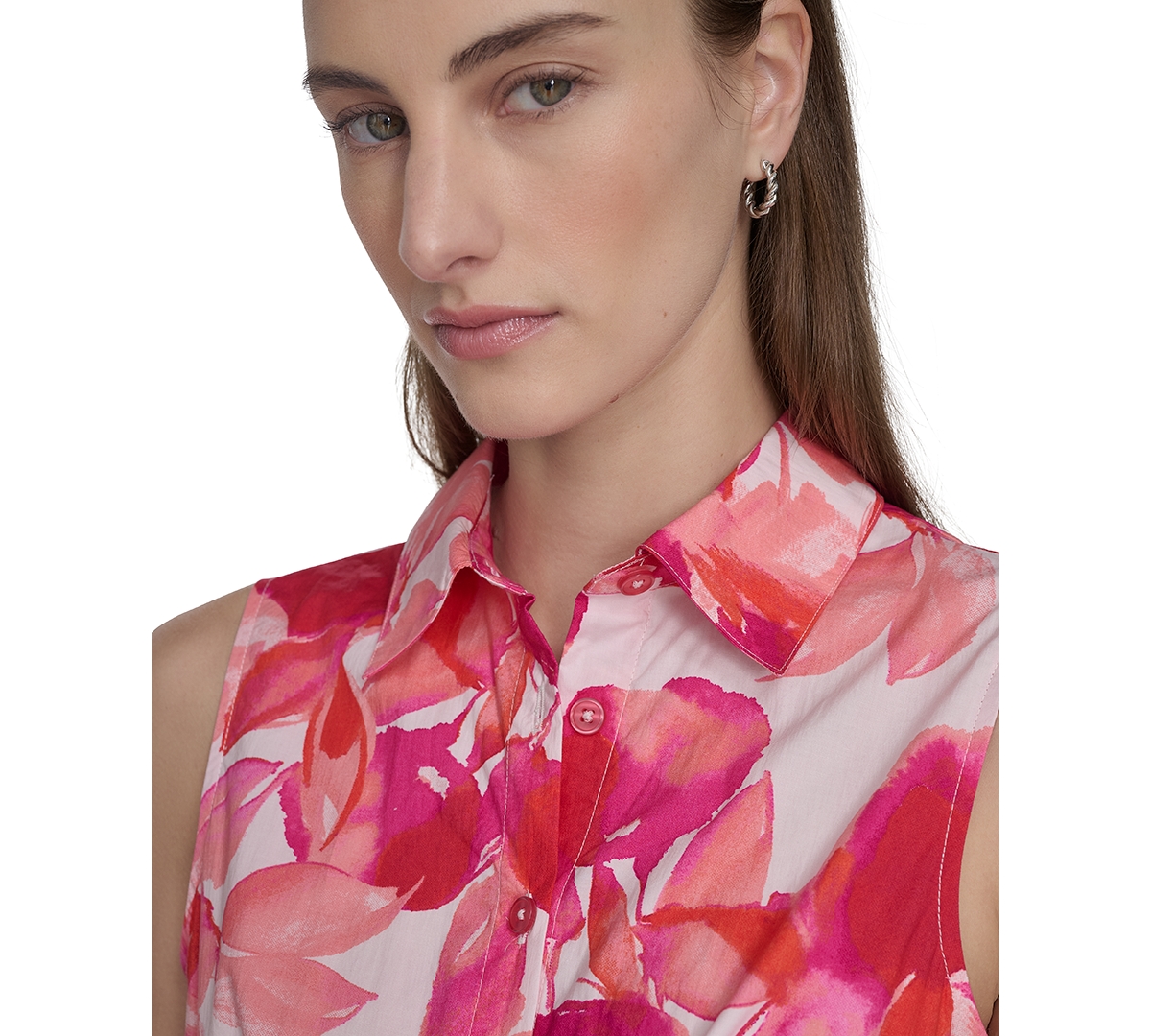 Shop Calvin Klein Women's Printed Cotton Tie-waist Shirtdress In Hibiscus Multi