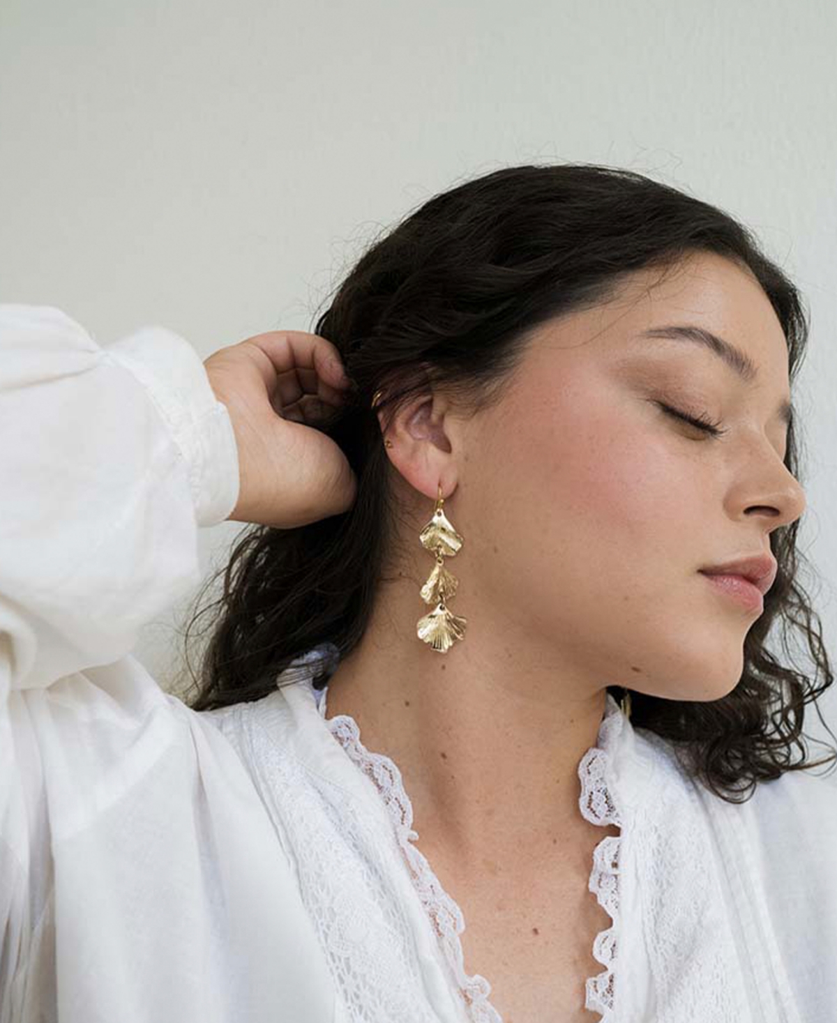 Matr Boomie Gold Tone Sayuri Ginkgo Leaf Triple Drop Earrings In Brass
