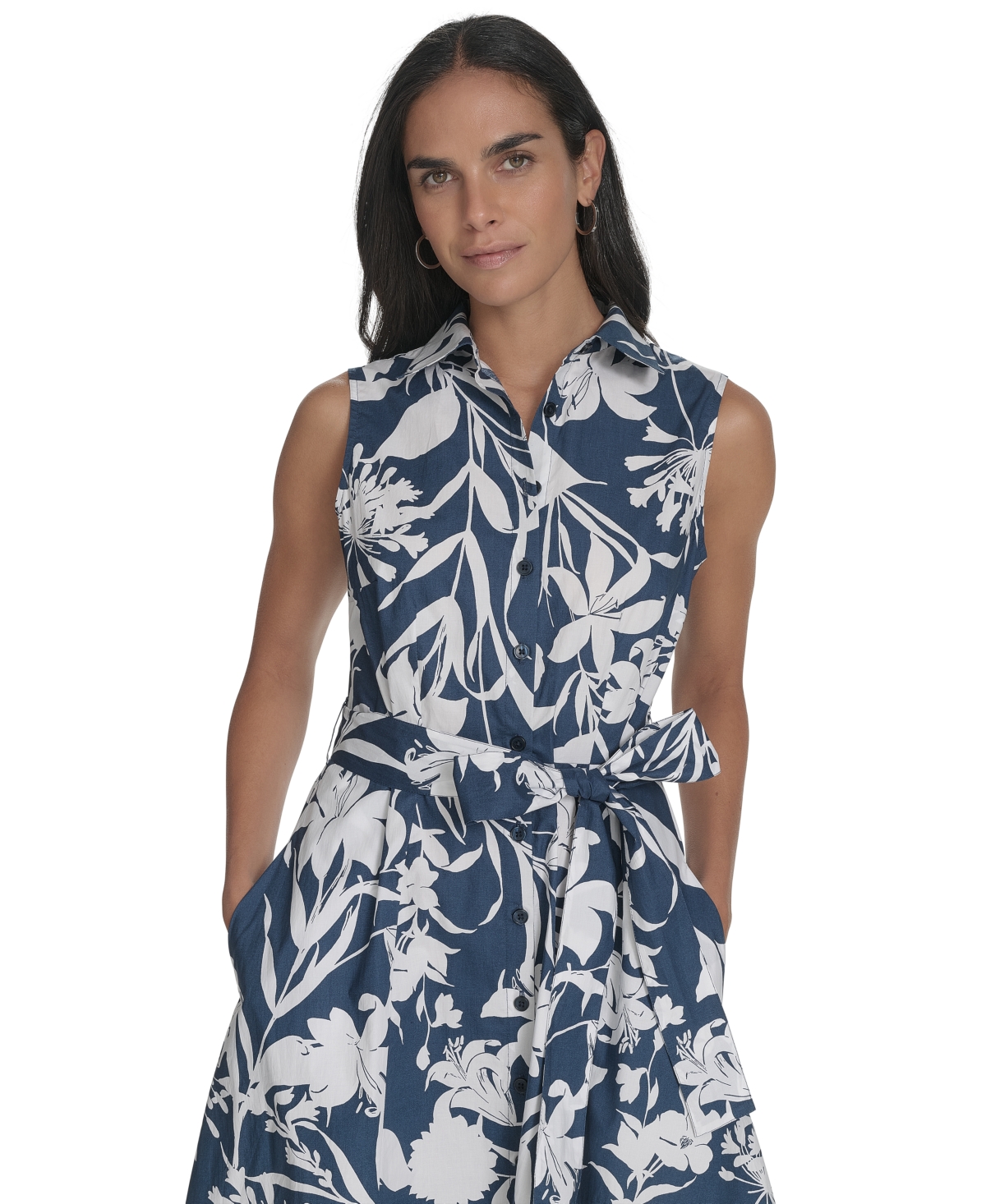 Calvin Klein Floral Sleeveless Cotton Shirtdress In Indigo Multi