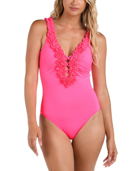 Женские купальники La Blanca Women's Island Goddess Ruffle Plunge One-Piece Swimsuit